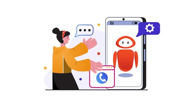 Animated woman chatting with chatbot on smartphone for customer support