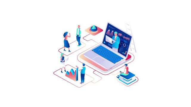 Isometric animation of remote team collaborating around laptop analytics