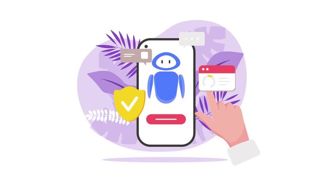 Animated chatbot on mobile login screen with security shield and hand tap