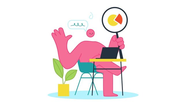 Animated pink character analyzing pie chart with magnifying glass at desk