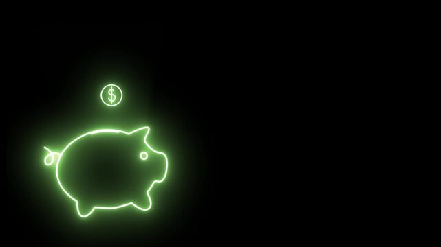 A green neon piggy bank runs on a dark background and a coin flies out of it.Piggy bank animation, use overlay modes to make the background transparent.