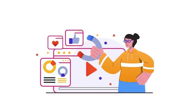 Woman holding magnet attracting social media engagement in vector animation