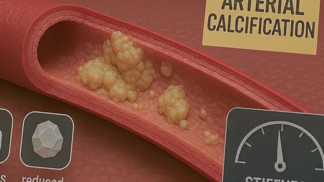 Arterial calcification inside blood vessel with plaque buildup causing stiffness and reduced blood flow illustrating vascular health risk and disease progression affecting artery and cardiovascular