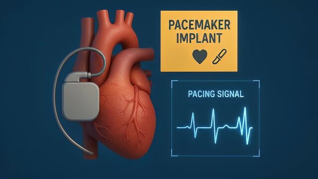 Pacemaker implant device attached to heart model with pacing signal display illustrating cardiac rhythm regulation medical technology treatment for heart rhythm and cardiac health monitoring