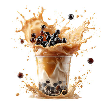 Two cups big and small Iced milk tea with boba bubble Taiwan Style on white backgrond, Isolated fresh ice sweet drink