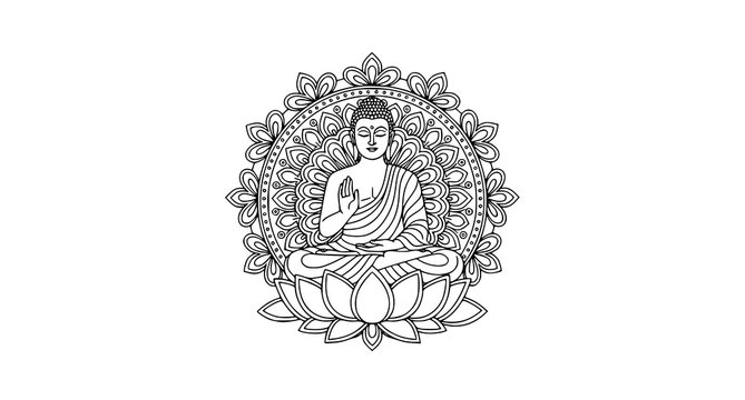 Buddha sitting on a lotus flower with intricate mandala design