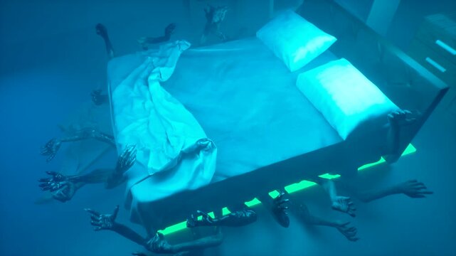 Monster demon clawed hands reaching from under bed in dark bedroom &mdash; horror 3D render concept of nightmare