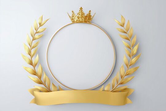 elegant winner award poster, golden laurel wreath, gold crown, empty circular for placing photo, gold ribbon banner, premium style, vector style