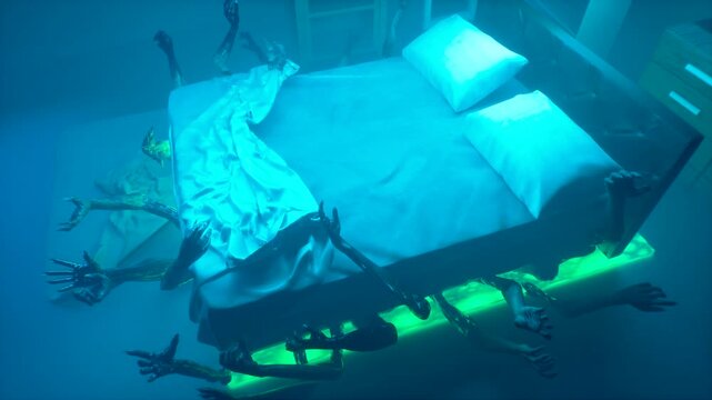 Monster demon clawed hands reaching from under bed in dark bedroom &mdash; horror 3D render concept of nightmare
