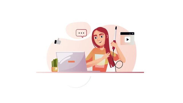 Animated young woman styling hair at laptop for online beauty tutorial