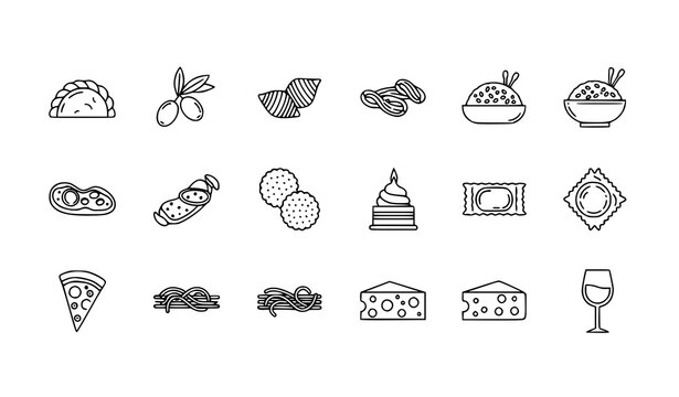 Linear Italian food icon set with calzone ravioli risotto and pasta symbols for UI and web design