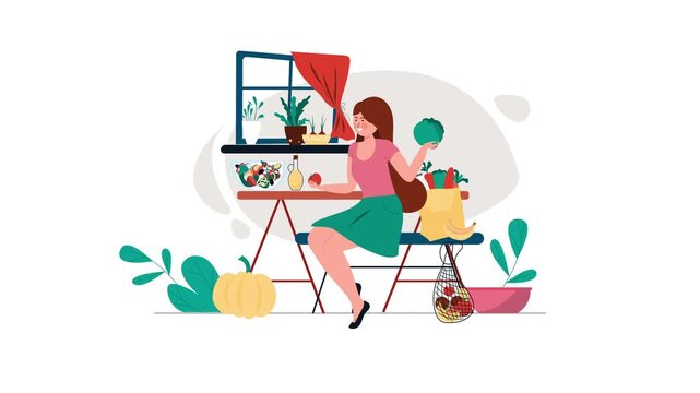 Animated woman preparing fresh vegetables in cozy kitchen vector illustration