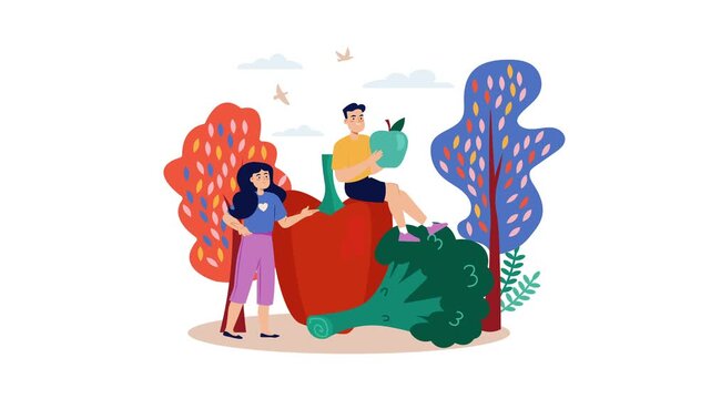 Young man and woman with giant apples in autumn garden vector animation