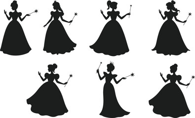 Six black silhouette princesses holding star-tipped wands in various poses on a white background 1 © Hey Tahera