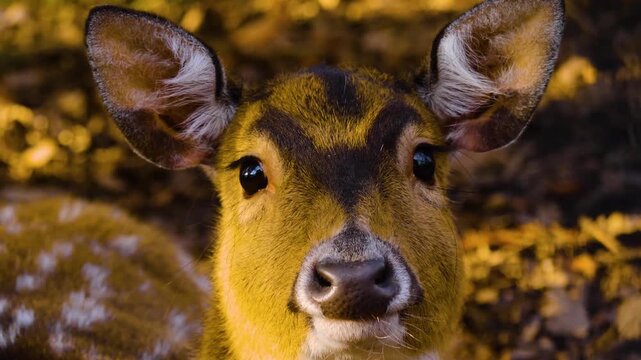 Close up of a axis deer doe resting on the forest ground on a sunny autumn day looking around