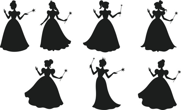Six black silhouette princesses holding star-tipped wands in various poses on a white background 1