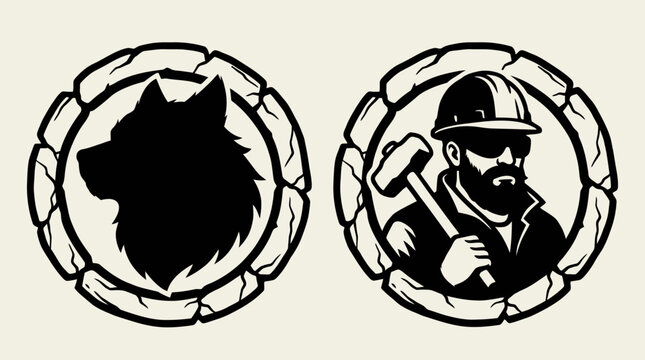 Black silhouette of a worker and dog.