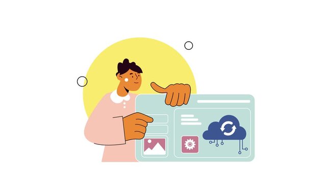 Flat animation of person pointing at cloud sync dashboard interface