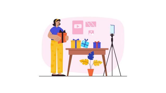 Animated young woman filming gift unboxing video with smartphone on tripod