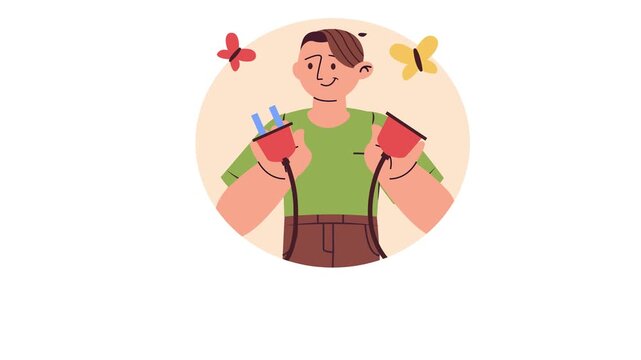 Flat vector animation of smiling young man holding drinks with butterflies