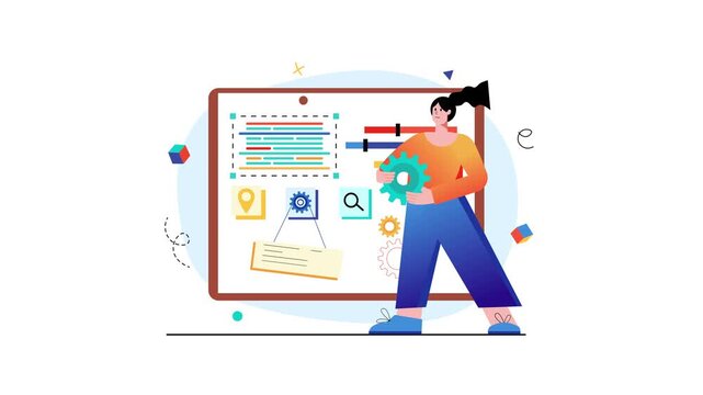 Animated developer holding gear beside interface dashboard illustration