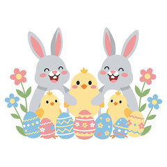 Obraz premium Happy easter bunnies and chicks with colorful decorated eggs design.