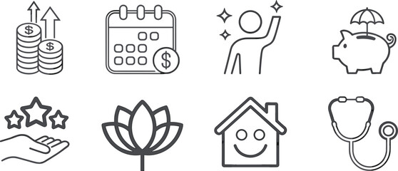 Fototapeta premium Line icons set representing finance wellness healthcare home savings and personal growth concepts in clean minimal outline vector style design
