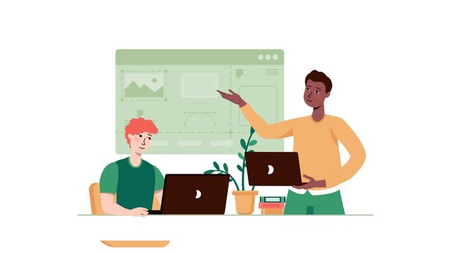 Animated two coworkers presenting a website wireframe in office