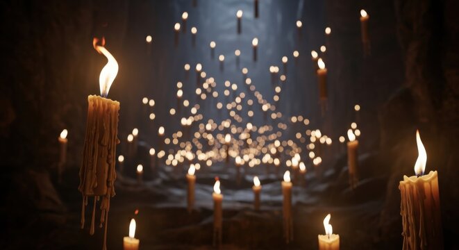 Candlelight vigil with glowing flames in dark atmospheric setting