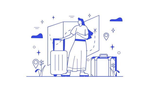 Animated woman traveler with luggage and suitcase at airport terminal