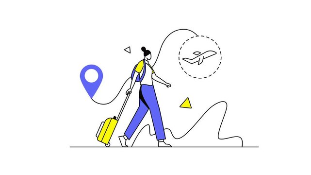 Animated traveler pulling suitcase with location pin and flight route