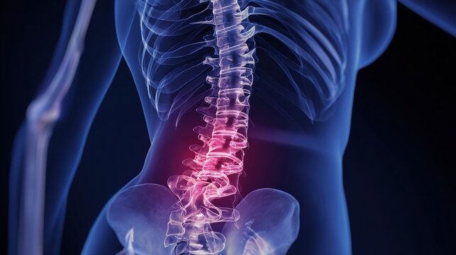 Medical illustration of Sciatica, a common painful condition caused by irritation or compression of the sciatic nerve, the longest nerve in the body. It typically presents with sharp, radiating pain, 