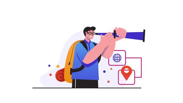 Traveler with backpack using telescope for destination search animation