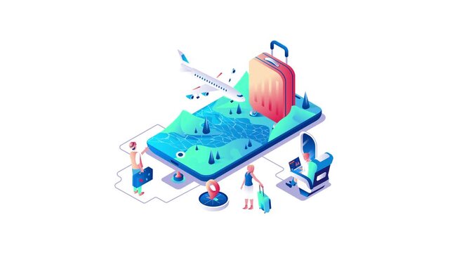 Animated isometric travel booking concept with smartphone, plane and luggage