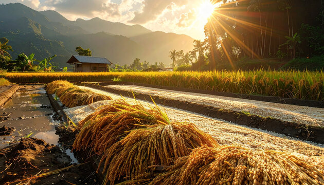 Golden rice field bathed in sunlight near mountains with sun flare