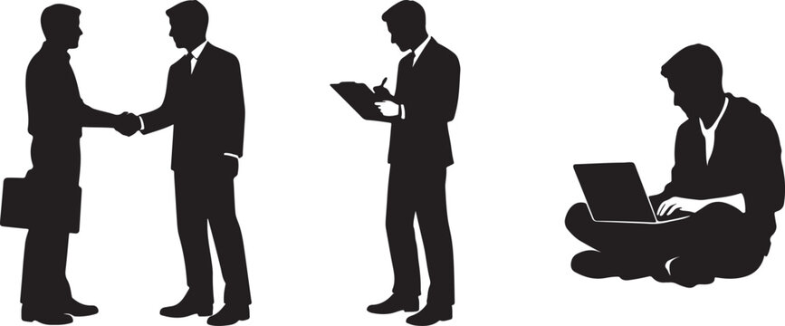 Businessmen silhouettes: handshake, tablet use, and laptop work - corporate dealings, remote work, business dea