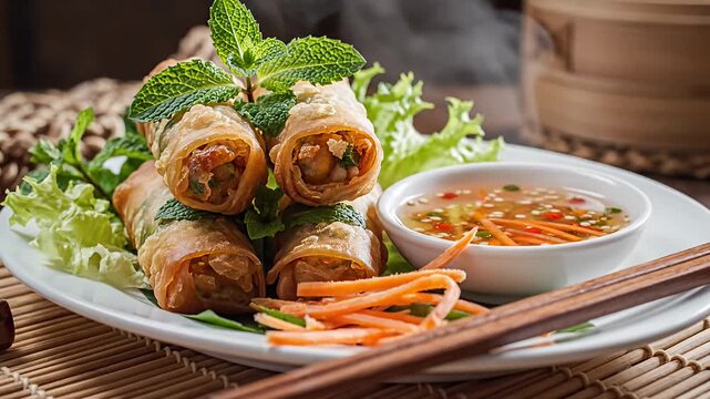 Crispy fried spring rolls with fresh mint and dipping sauce