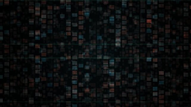 A dark abstract background featuring a mosaic of small, multicolored squares in shades of red, blue, and gray, creating a digital pixelated effect with an abstrak backround.
