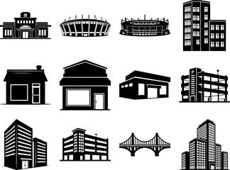 Obraz premium Collection of various urban building and structure silhouettes for architecture and cityscape designs