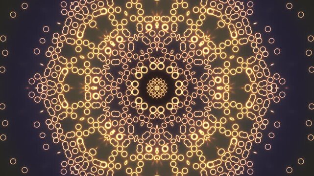 A vibrant, intricate mandala design with a kaleidoscope of golden and pink patterns on an abstract background, showcasing a mix of geometric shapes and floral motifs in a visually striking