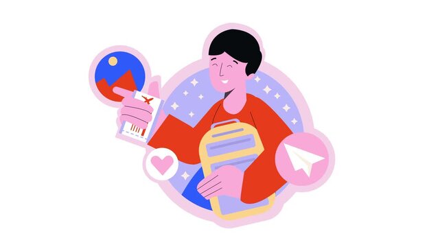Animated traveler holding passport and flight ticket, flat vector illustration