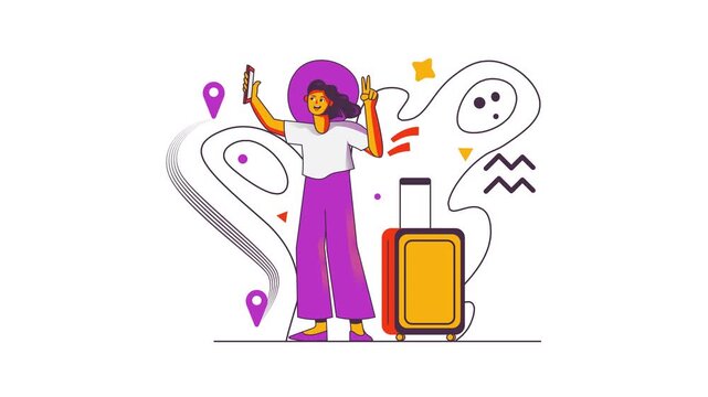 Smiling woman traveler with suitcase taking selfie in flat vector animation