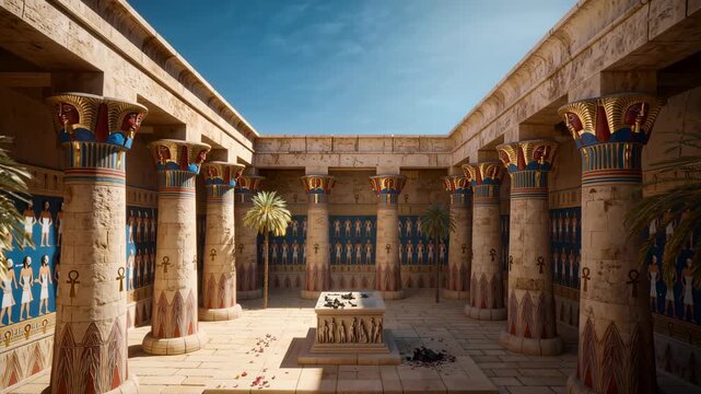 Colorful ancient Egyptian temple courtyard with Hathor face columns, painted ankh walls, altar and palm trees under blue sky. Epic cinematic mythology and history scene.