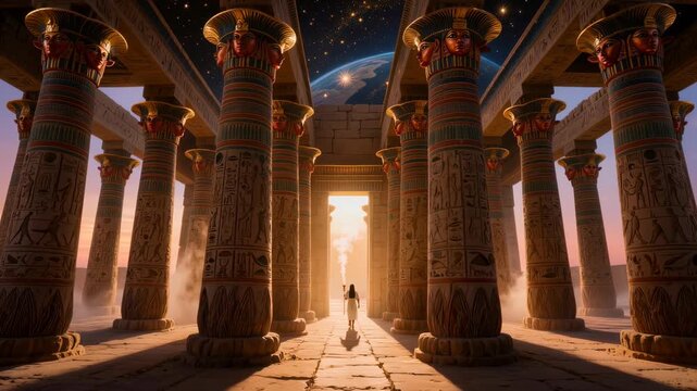 Priestess walks through majestic Hathor temple colonnade with goddess face columns, cosmic starry sky and glowing doorway. Epic cinematic Egyptian mythology and fantasy scene.