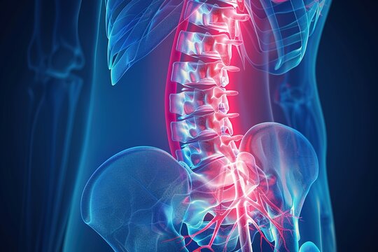 Medical illustration of Sciatica, a common painful condition caused by irritation or compression of the sciatic nerve, the longest nerve in the body. It typically presents with sharp, radiating pain, 