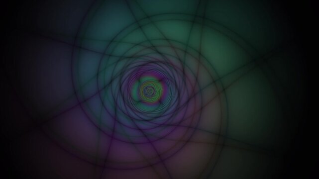 Abstract background with a mesmerizing spiral pattern of intersecting lines and swirling colors in shades of purple, green, and blue.