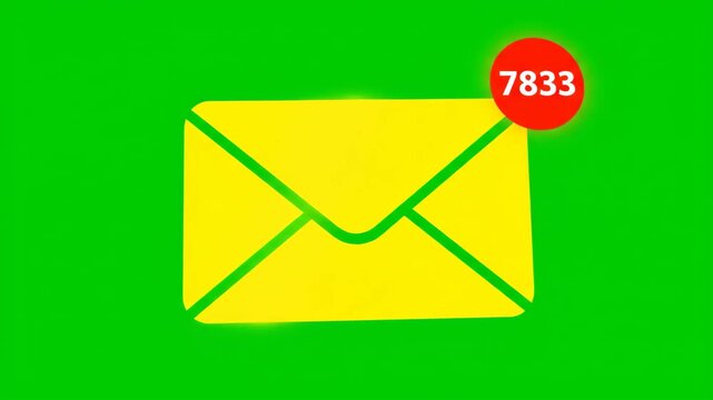 Unread email notification icon: Yellow envelope with red bubble on vivid green background, digital communication concept