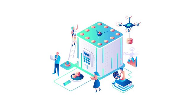 Animated isometric blockchain vault with team, drone and digital coins