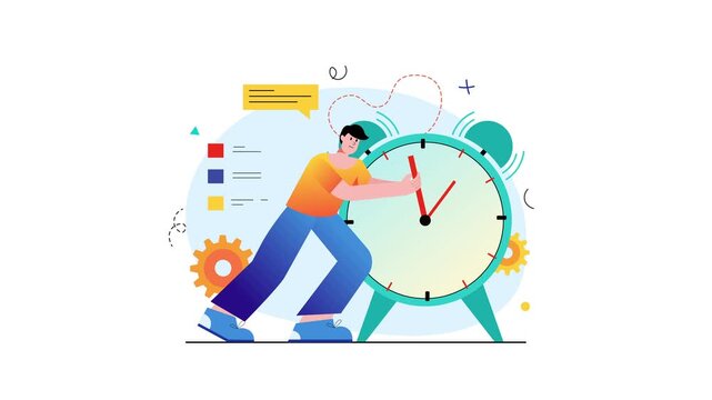 Flat animation of man pushing giant alarm clock for time management