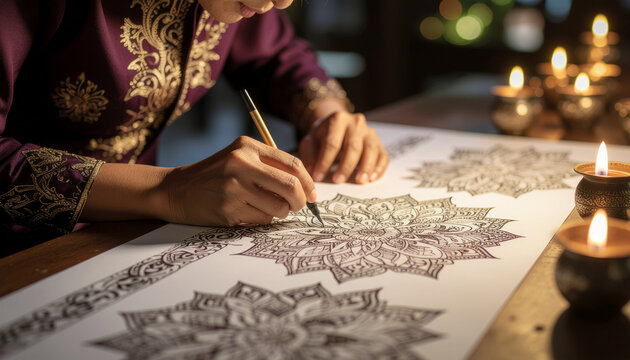 Artist drawing mandala with pen and paper